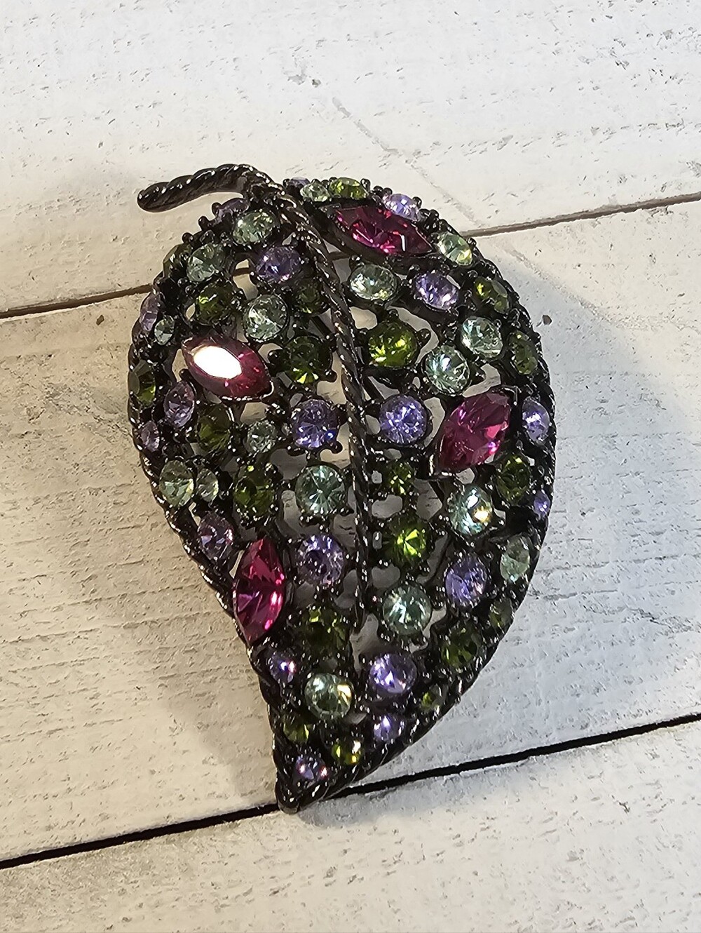 Graziano Multicolor Leaf Crystal Brooch - Pink, Purple & Green